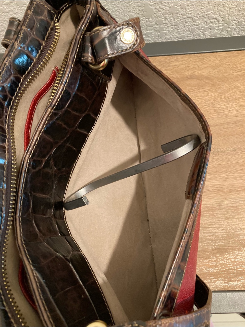 Brahmin Red Shoulder Bag w/Brown Leather Croc-Embossed Trim - Picture 11 of 13